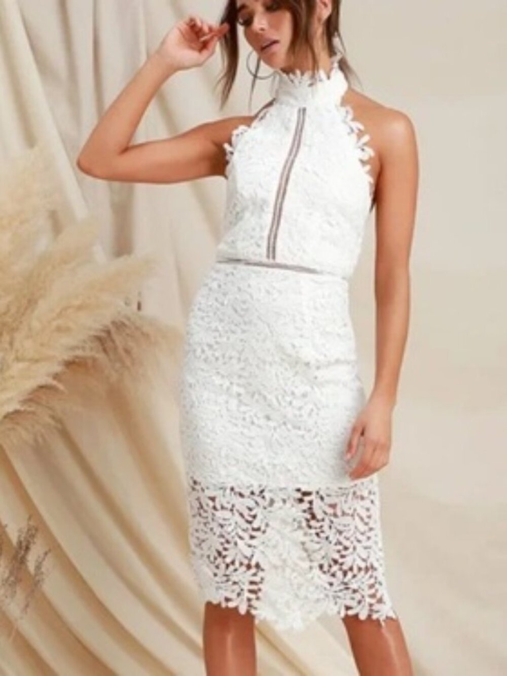 Lulu's White Lace Halter Neck Midi Graduation Wedding Dress NWT - Sz S